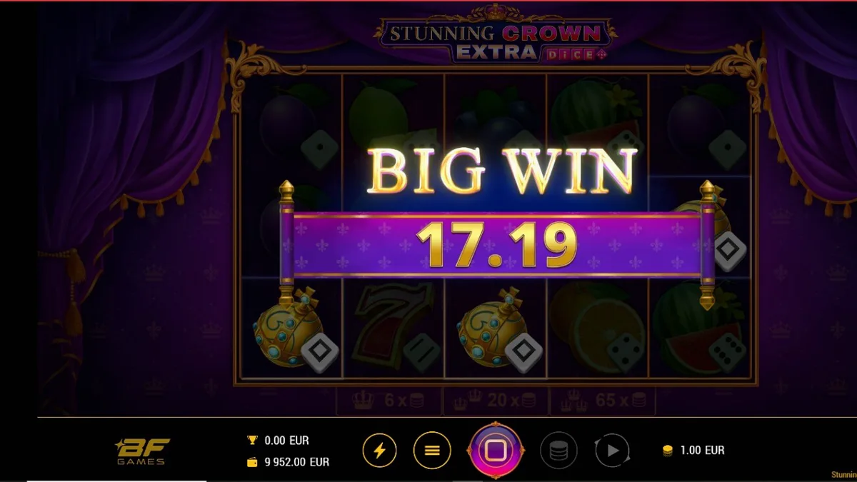Interface do jogo Stunning Crown Extra Dice com coroas e joias brilhantes
